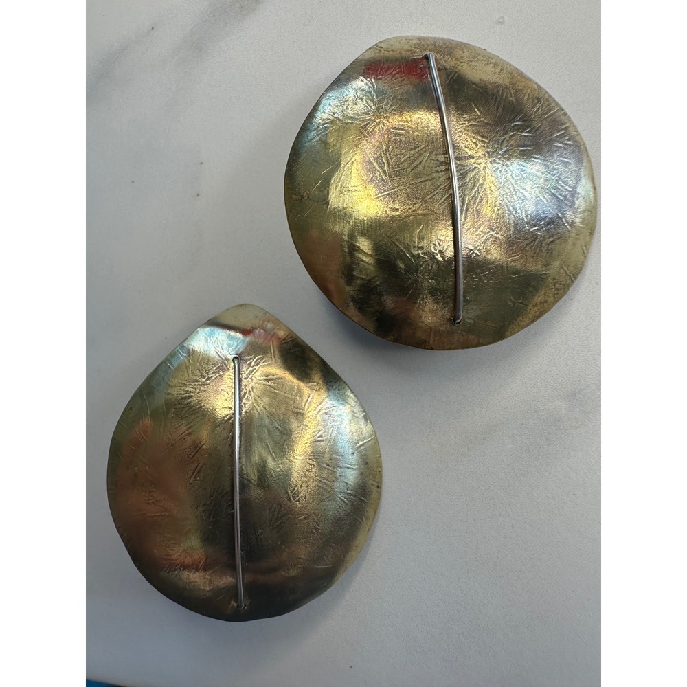 Vintage Brutalist Brass Teardrop Statement Earrings Patterned Large Sterling